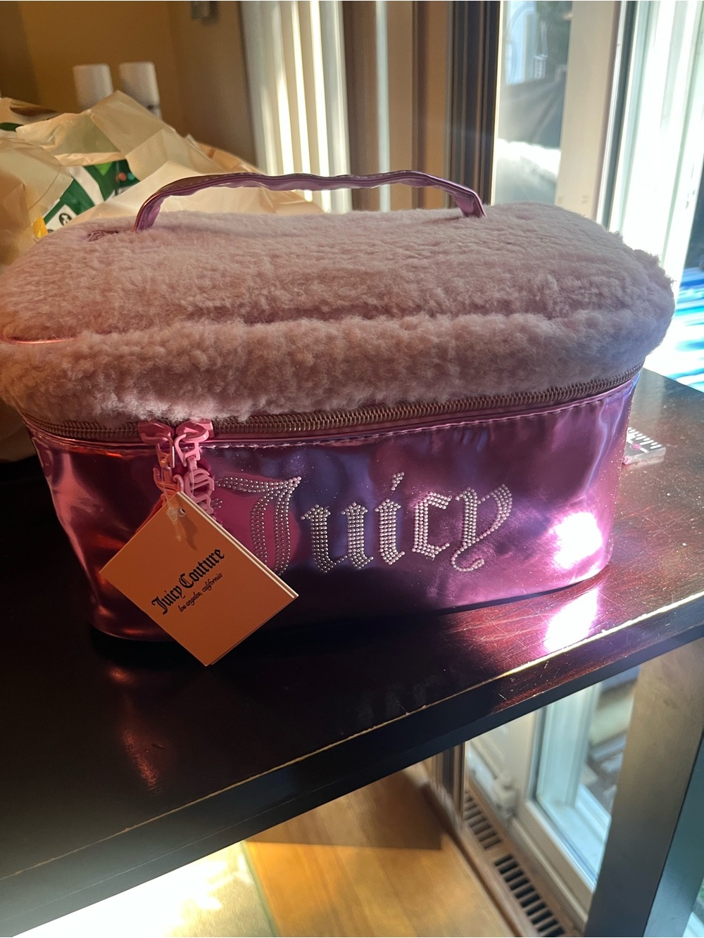Juicy Couture Pink Metallic & Plush Faux Fur Cosmetic Case